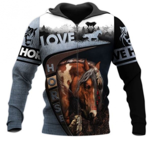 3 D Print Allover Sweat Jacket Hoodie Love horses Indian